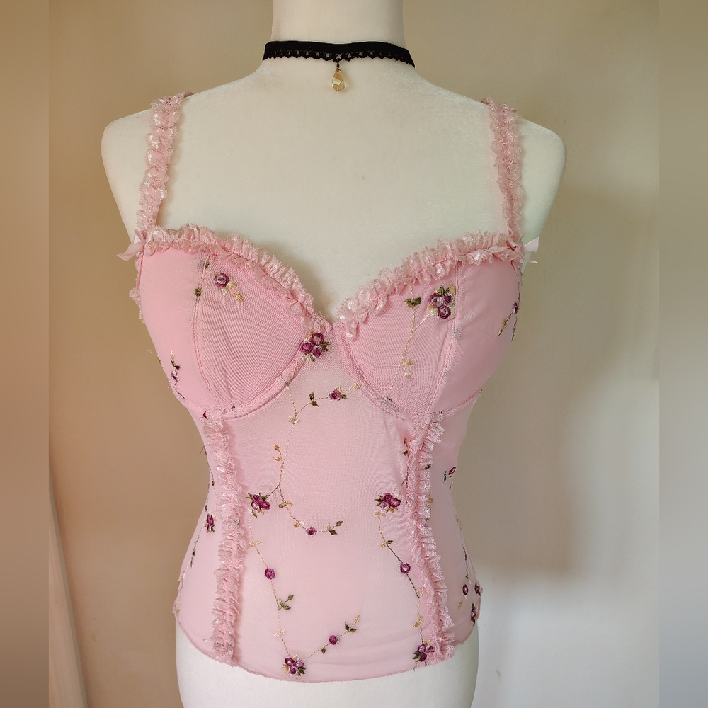 Dolls Kill Sugar Thrillz Pink Embroided, Lace Trim Corset Top - Picture 2 of 7